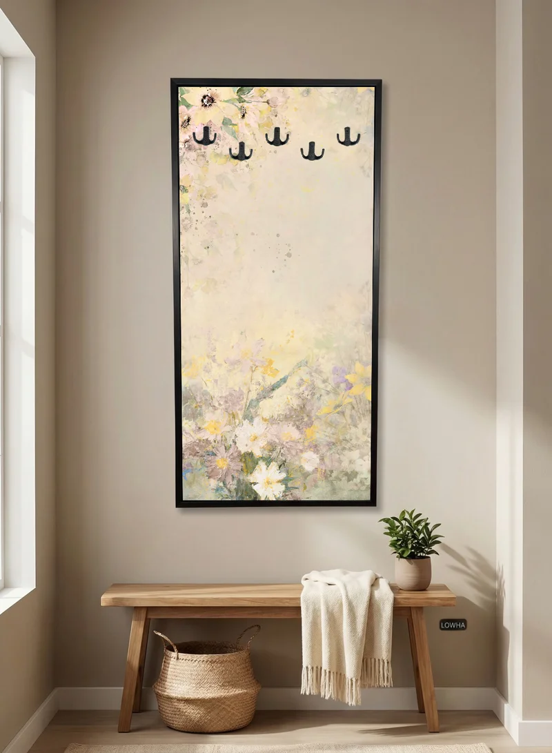 لوحة علاقة ملابس وعبايات مدمجة في لوحة كانفاس بتصميم ورود مثبتة على إطار خشبي مع إطار خارجي أسود