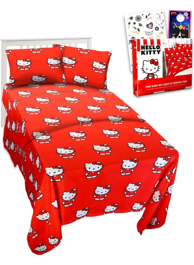 Hello Kitty Bedding Set Toddler Bed - Bundle with Hello Kitty Bed Sheets with Flat Sheet, Fitted Sheet, and Pillowcase for Twin Bed Plus Tattoos, More - Image 1