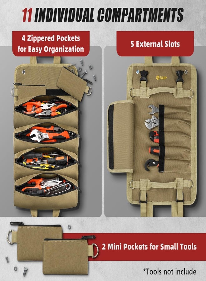 UUP Tool Bag Roll Up, UUP Heavy Duty Rolled Empty Tool Storage Organization, Portable Foldable Rollup Organizer with 2 Small Pouches, Rollable Carrying Toolbag, Dad Men Mechanic Birthday Gifts, Khaki - Image 2