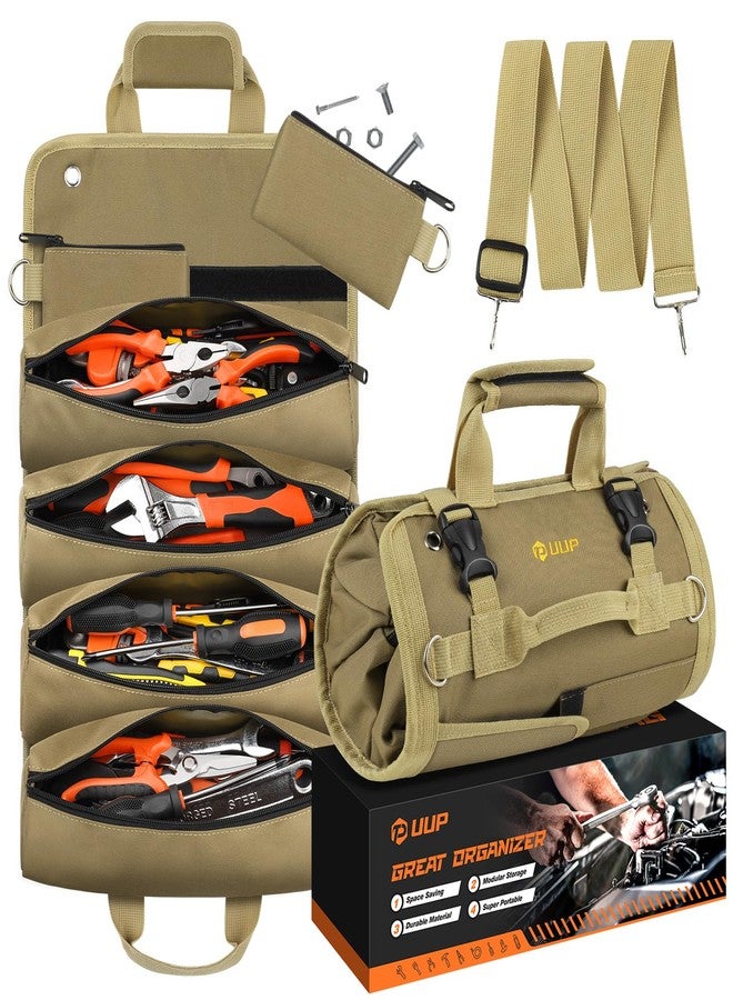 UUP Tool Bag Roll Up, UUP Heavy Duty Rolled Empty Tool Storage Organization, Portable Foldable Rollup Organizer with 2 Small Pouches, Rollable Carrying Toolbag, Dad Men Mechanic Birthday Gifts, Khaki - Image 1