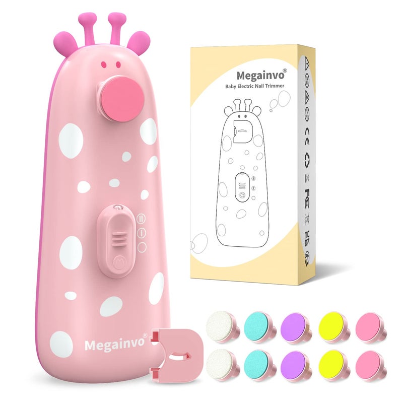 Megainvo مقص أظافر كهربائي للأطفال، ملف أظافر آمن للأطفال، مقص أظافر مع ضوء، 10 رؤوس طحن، مجموعة العناية بأظافر الأطفال الهادئة للمواليد والرضع والأطفال، أظافر القدمين واليدين، وردي - Image 1