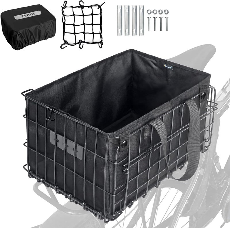 RAYMACE Bike Basket Rear,Bicycle Basket with Removable Liner,Rainproof Cover and Cargo Net,Folding Bike Baskets for Adult,Quick Release Design Fits for Most Rear Mounted Bike Rack - Image 1