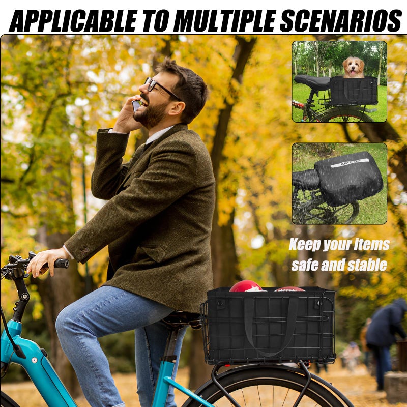RAYMACE Bike Basket Rear,Bicycle Basket with Removable Liner,Rainproof Cover and Cargo Net,Folding Bike Baskets for Adult,Quick Release Design Fits for Most Rear Mounted Bike Rack - Image 2
