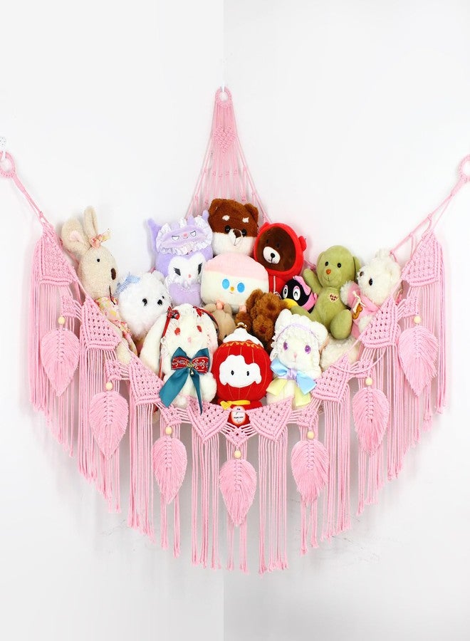 Dekafri Stuffed Animal Hammock Corner Plushie Net for Stuffed Animals Storage Wall-Mounted Net Toy Storage Organizer Kids Room Storage Organizer for Bedroom Macrame Stuffed Animals Toys Hammock (Pink, L) - Image 1