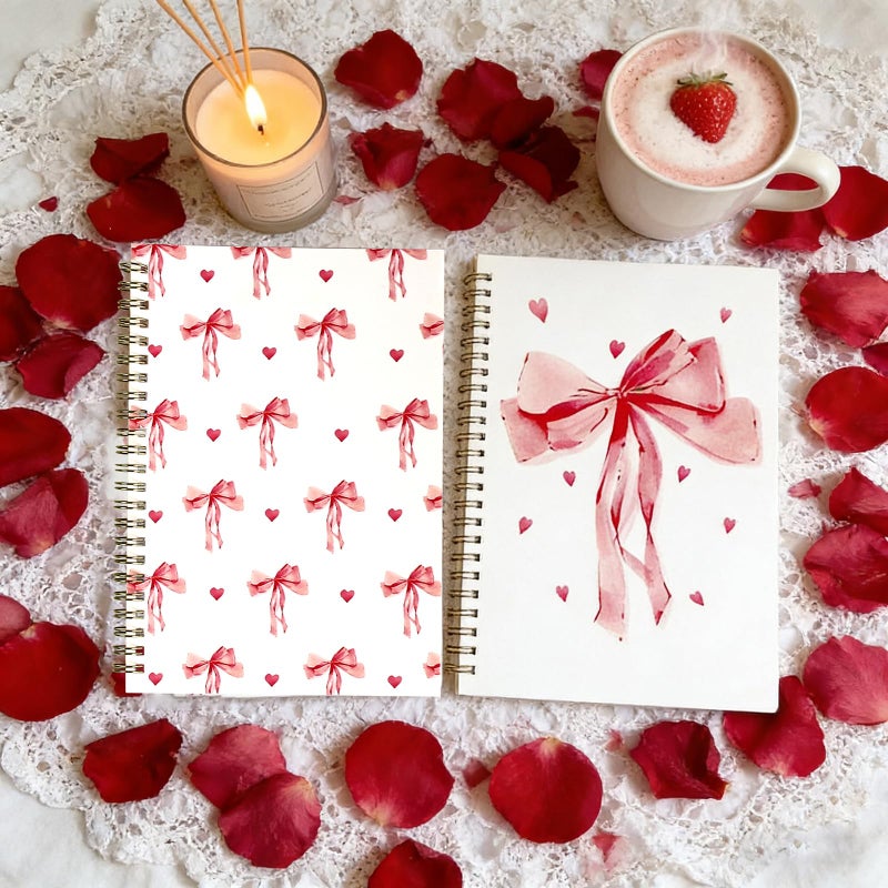 MAKIOTEKO 2 Pack Valentine's Day Spiral Notebooks, 5.5" x 8.3" Pink Bowknot College Ruled Travel Journal Book Diary Notepad Gifts for teacher student 50Sheets/100Pages Per Pack - Image 4