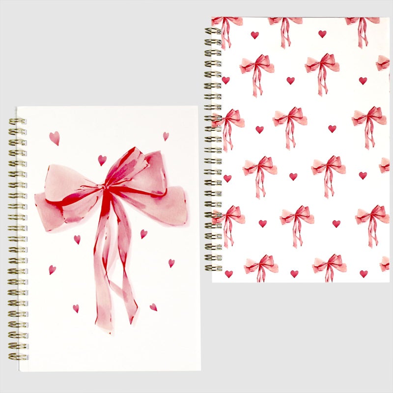 MAKIOTEKO 2 Pack Valentine's Day Spiral Notebooks, 5.5" x 8.3" Pink Bowknot College Ruled Travel Journal Book Diary Notepad Gifts for teacher student 50Sheets/100Pages Per Pack - Image 1