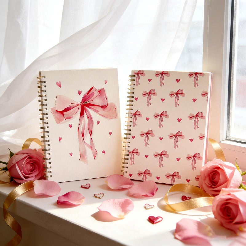 MAKIOTEKO 2 Pack Valentine's Day Spiral Notebooks, 5.5" x 8.3" Pink Bowknot College Ruled Travel Journal Book Diary Notepad Gifts for teacher student 50Sheets/100Pages Per Pack - Image 3