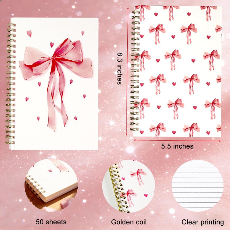 MAKIOTEKO 2 Pack Valentine's Day Spiral Notebooks, 5.5" x 8.3" Pink Bowknot College Ruled Travel Journal Book Diary Notepad Gifts for teacher student 50Sheets/100Pages Per Pack - Image 2