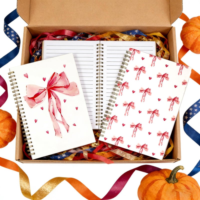 MAKIOTEKO 2 Pack Valentine's Day Spiral Notebooks, 5.5" x 8.3" Pink Bowknot College Ruled Travel Journal Book Diary Notepad Gifts for teacher student 50Sheets/100Pages Per Pack - Image 5