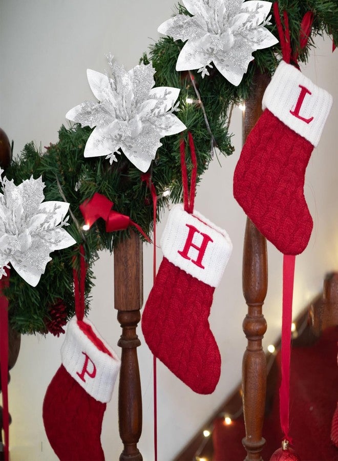 VRB Dec 6 Pcs Christmas Poinsettias Red/Gold Glitter Decorative Artificial Flowers Christmas Flowers of Christmas Decorations Items/Chritmas Tree/Decoration Items (6pcs - Silver Glitter Poinsettia) - Image 3