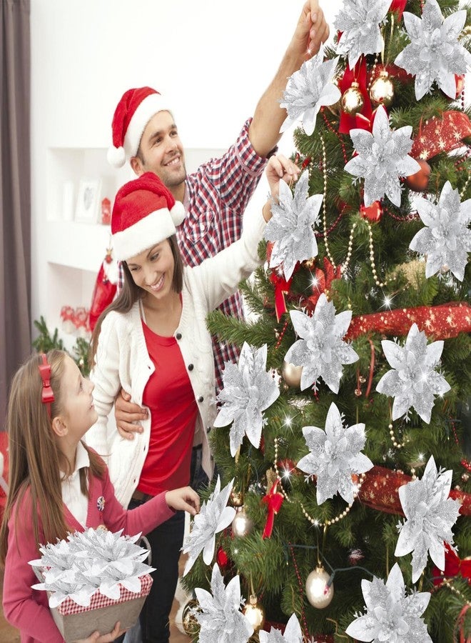 VRB Dec 6 Pcs Christmas Poinsettias Red/Gold Glitter Decorative Artificial Flowers Christmas Flowers of Christmas Decorations Items/Chritmas Tree/Decoration Items (6pcs - Silver Glitter Poinsettia) - Image 5