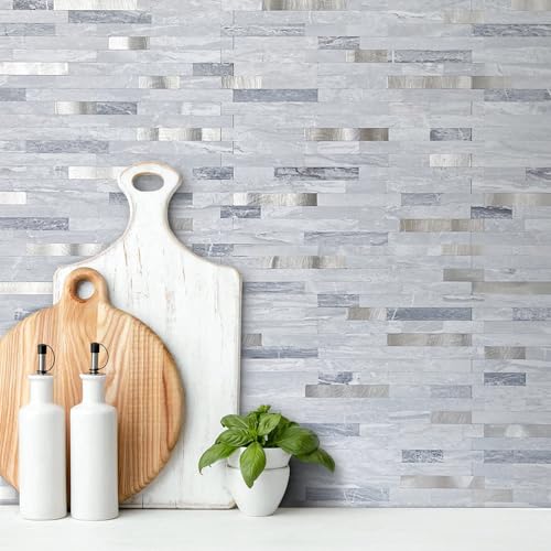 AULIGET 20 Sheets Faux Stone Peel and Stick Backsplash, Light Grey Marble Look PVC Mixed Metal Wall Tiles Stick on Backsplash for Kitchen - Image 2
