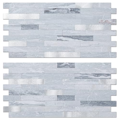 AULIGET 20 Sheets Faux Stone Peel and Stick Backsplash, Light Grey Marble Look PVC Mixed Metal Wall Tiles Stick on Backsplash for Kitchen - Image 1