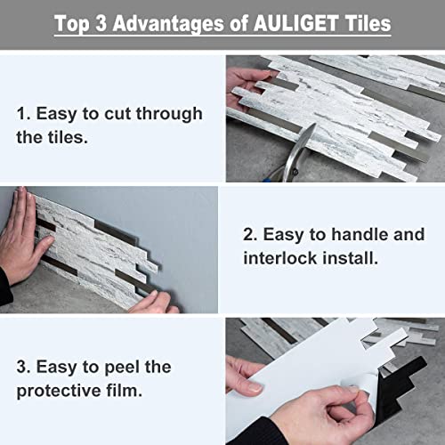 AULIGET 20 Sheets Faux Stone Peel and Stick Backsplash, Light Grey Marble Look PVC Mixed Metal Wall Tiles Stick on Backsplash for Kitchen - Image 4