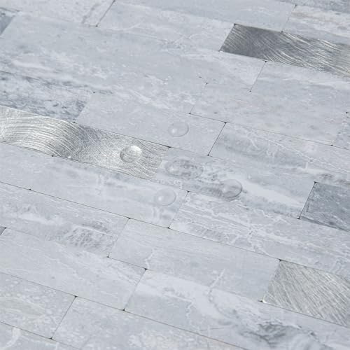 AULIGET 20 Sheets Faux Stone Peel and Stick Backsplash, Light Grey Marble Look PVC Mixed Metal Wall Tiles Stick on Backsplash for Kitchen - Image 3