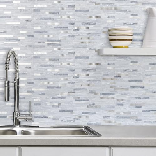 AULIGET 20 Sheets Faux Stone Peel and Stick Backsplash, Light Grey Marble Look PVC Mixed Metal Wall Tiles Stick on Backsplash for Kitchen - Image 5