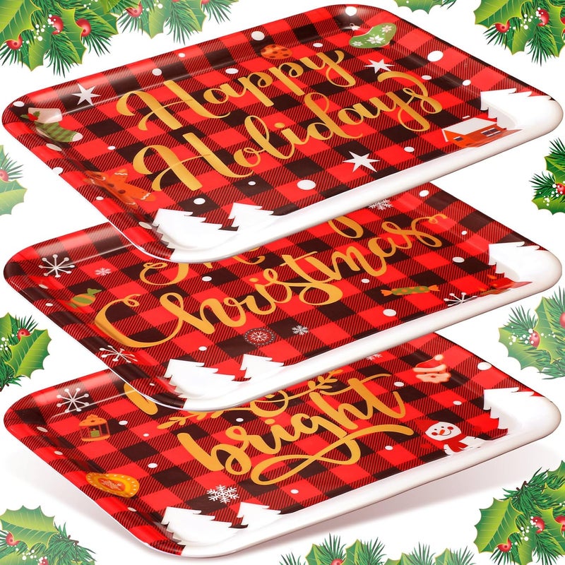 Zubebe 3 Pcs Christmas Serving Tray 13 x 10 Inch Reusable Merry Christmas Platter Red Black Green Christmas Plates Xmas Serving Dishes for Holiday Winter Party DecorationPlaid - Image 1