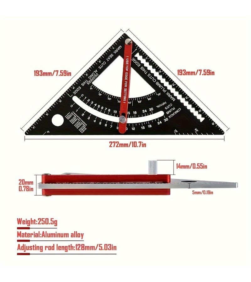 Adjustable 7 Inch Woodworking Triangle Ruler Speed Square Multi Angle Layout Measuring Tool for Carpentry Roofing Black - Image 2