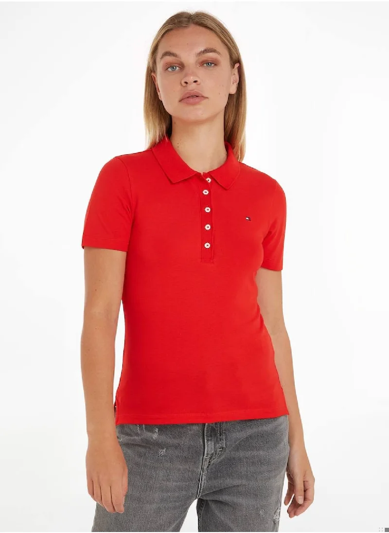 TOMMY HILFIGER Women's 1985 Collection Flag Embroidery Slim Polo, Red