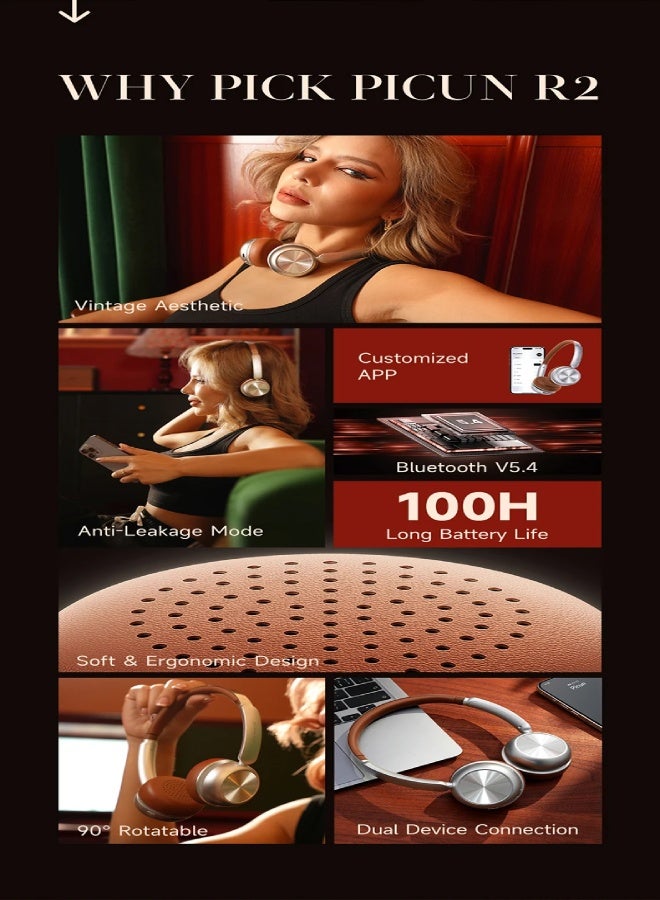 Picun R2 Wireless Headphones with Mic – Bluetooth 5.4, Spatial Audio, 100H Battery, Low Latency, ENC HD Mic, Foldable Design, Dual-Device Connection, APP & EQ Control, Hi-Fi Stereo Sound - Brown - Image 4