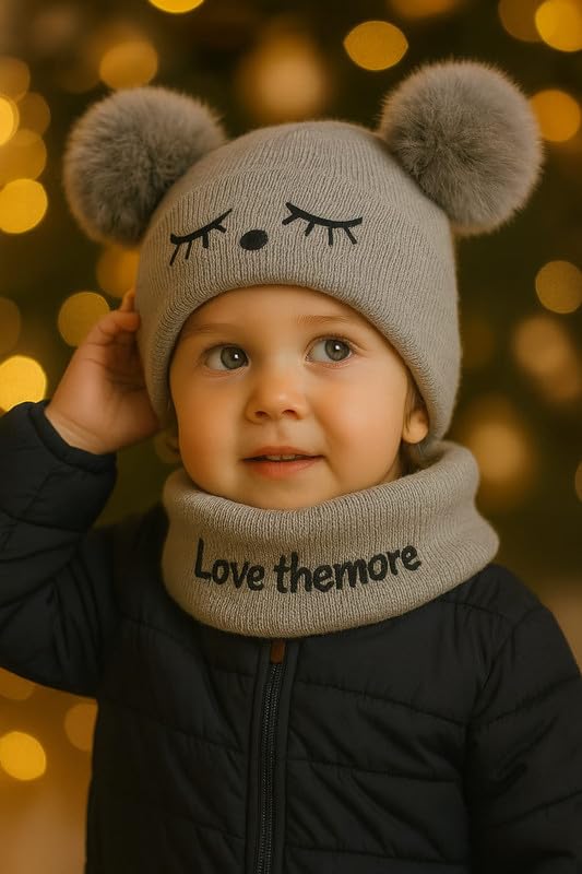 Krystle Toddler Knit Beanie and Scarf Set – Winter Warm Baby Hat with Pom Poms & Cozy Neck Warmer for Boys & Girls (Grey,6 Months-3 Years) - Image 2