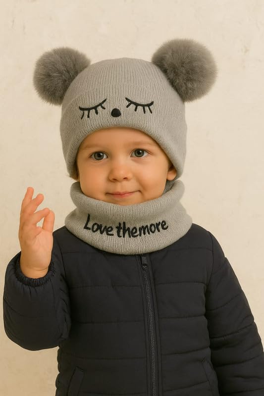 Krystle Toddler Knit Beanie and Scarf Set – Winter Warm Baby Hat with Pom Poms & Cozy Neck Warmer for Boys & Girls (Grey,6 Months-3 Years) - Image 3