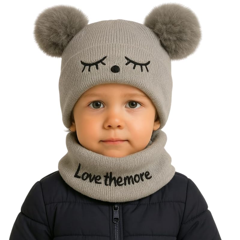 Krystle Toddler Knit Beanie and Scarf Set – Winter Warm Baby Hat with Pom Poms & Cozy Neck Warmer for Boys & Girls (Grey,6 Months-3 Years) - Image 1