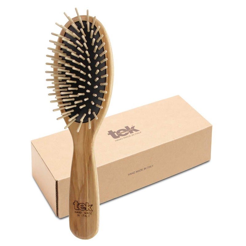 TEK â€“ Large Oval Wooden Brush with Short Pins â€“ Handmade in Italy with Sustainable and Vegan Materials â€“ Safe for All Hair Types Wet or Dry â€“ Gentle Detangler & Anti-Static Properties - Image 1