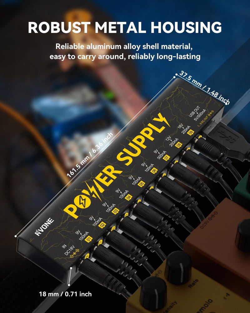 RVONE Guitar Pedal Power Supply with 10 Isolated DC Outputs and USB, Short-Circuit Protection, Noise Reduction, Stable 9V/12V/18V Power for Effect Pedals (Lightning Yellow) - Image 5