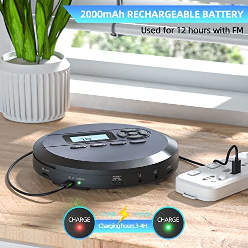 DESOBRY CD Player Portable with Speakers & FM Transmitter, Rechargeable Compact CD Player for Car Built-in 2000mAh, Portable Player with LCD Screen, Earphones, AUX Cord - Image 3