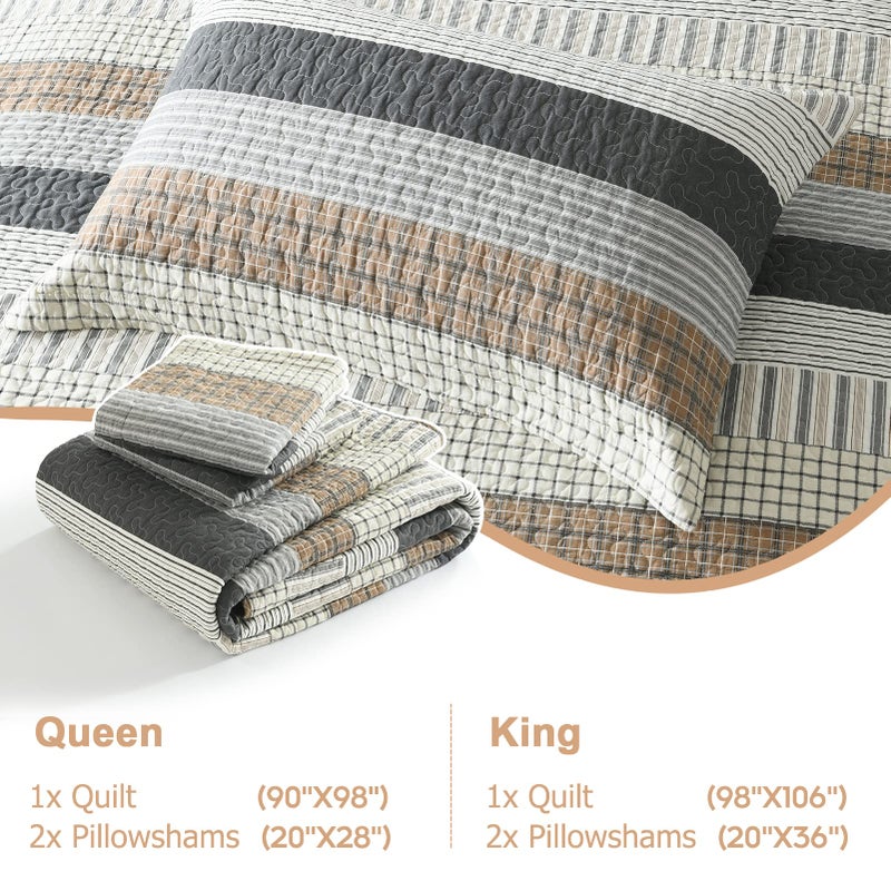 Finlonte Quilt King Size, King Quilt Set, 100% Cotton Quilt, Grey Striped King Quilt Bedding Set Farmhouse Bedspreads, Reversible Lightweight Soft Quilted Comforter Set for All Season, 3-Piece - Image 5