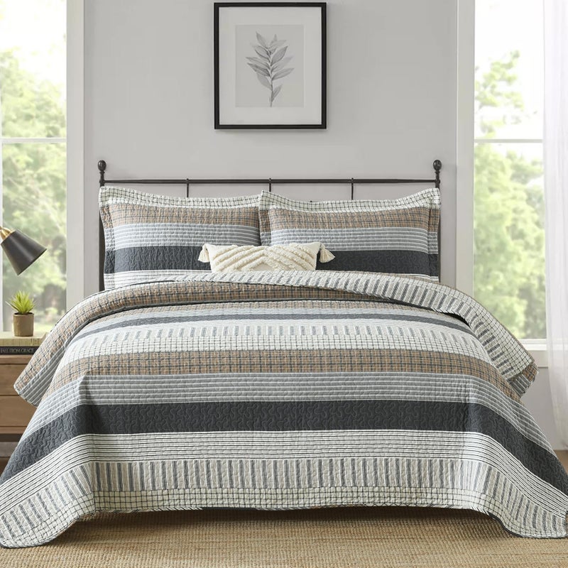 Finlonte Quilt King Size, King Quilt Set, 100% Cotton Quilt, Grey Striped King Quilt Bedding Set Farmhouse Bedspreads, Reversible Lightweight Soft Quilted Comforter Set for All Season, 3-Piece - Image 1