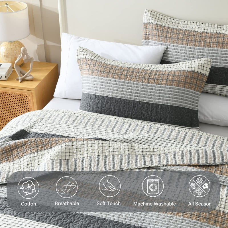 Finlonte Quilt King Size, King Quilt Set, 100% Cotton Quilt, Grey Striped King Quilt Bedding Set Farmhouse Bedspreads, Reversible Lightweight Soft Quilted Comforter Set for All Season, 3-Piece - Image 4