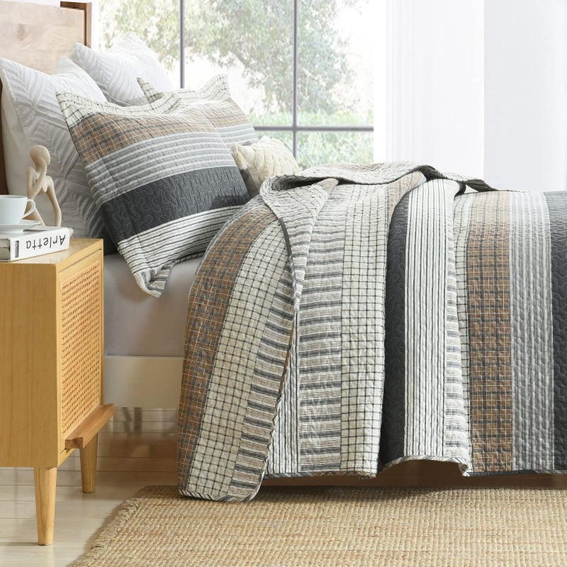 Finlonte Quilt King Size, King Quilt Set, 100% Cotton Quilt, Grey Striped King Quilt Bedding Set Farmhouse Bedspreads, Reversible Lightweight Soft Quilted Comforter Set for All Season, 3-Piece - Image 2