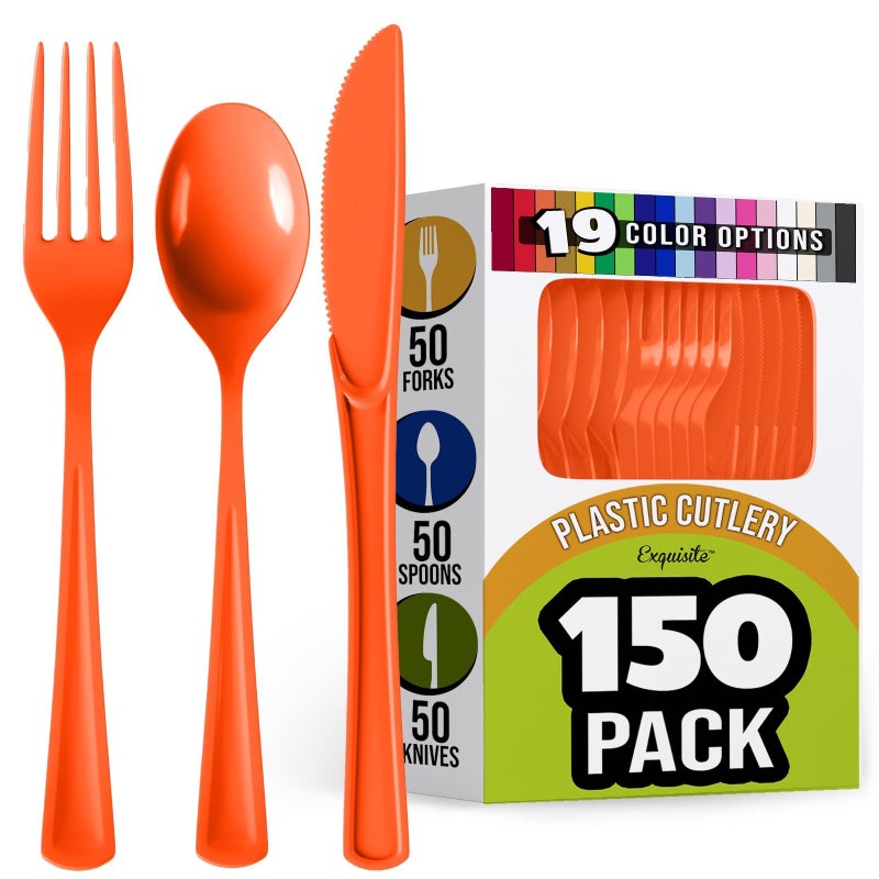 Orange Plastic Silverware Heavy Duty 150 Pcs Orange Plastic Cutlery Sets Utensil Sets 50 Of Each Forks Knives  Spoons Disposable Cutlery Set Flatware Set For Party Supplies Party Solids