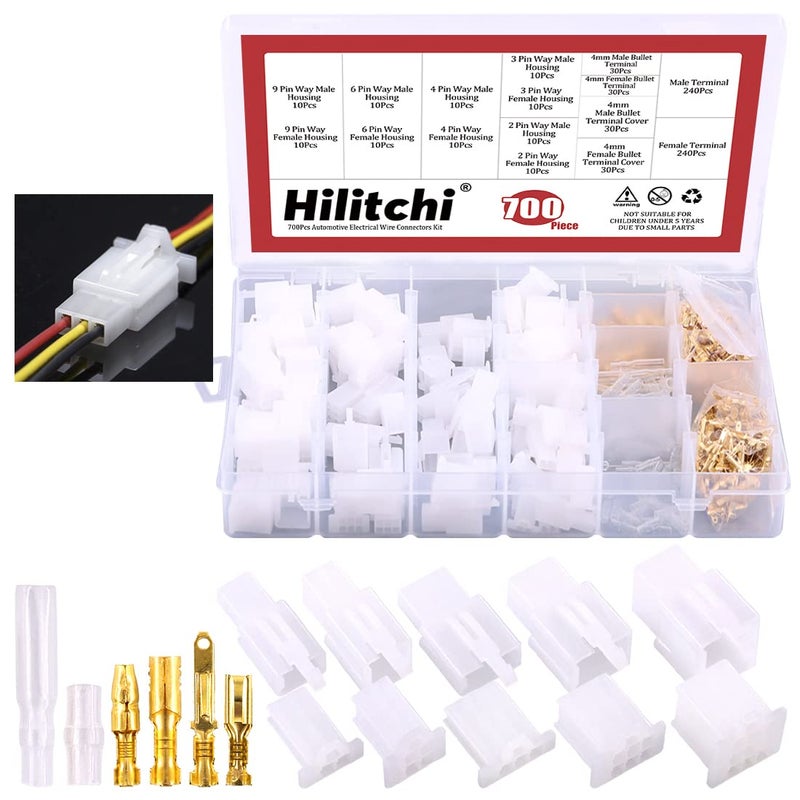 Hilitchi 700 Pcs 28mm 2 3 4 6 9 Pin Automotive Electrical Wire Connectors Pin Header Crimp Wire Terminals Assortment Kit with 30 Sets 4mm Car Motorcycle Bullet Terminal Wire Connectors with Cover