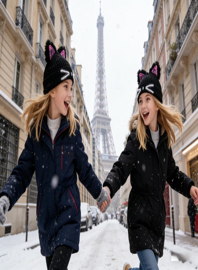 cnomg Girls Sequin Cat Ears Hats Cute Winter Knitted Beanie with Cat Ears for Boys Girls Ages 7-15 Black - Image 4