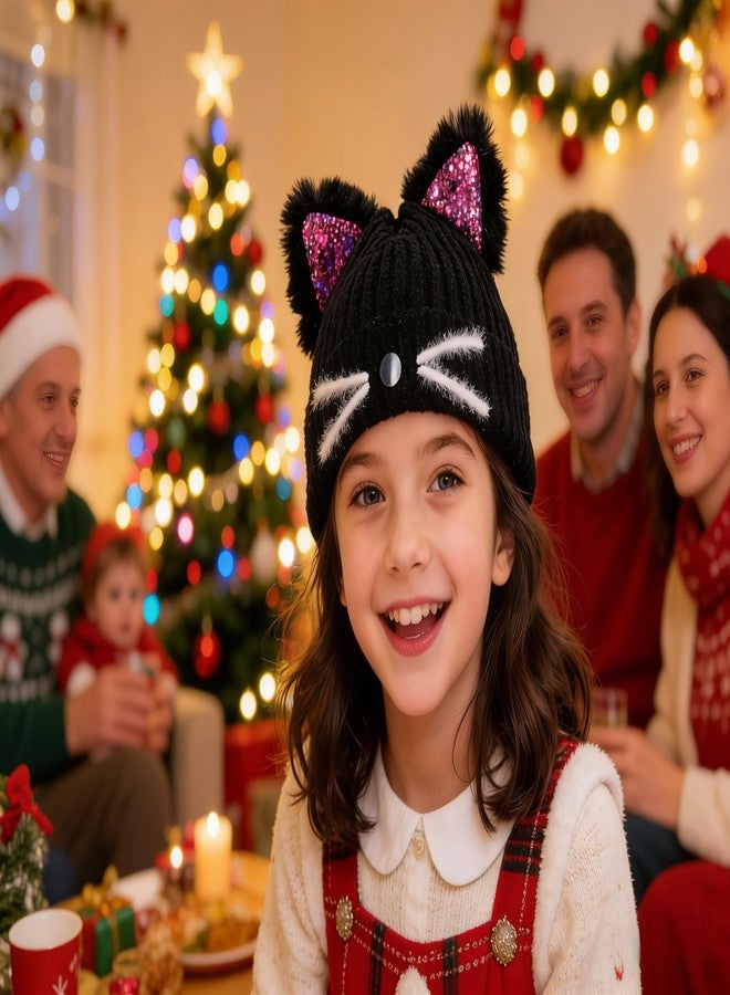 cnomg Girls Sequin Cat Ears Hats Cute Winter Knitted Beanie with Cat Ears for Boys Girls Ages 7-15 Black - Image 3