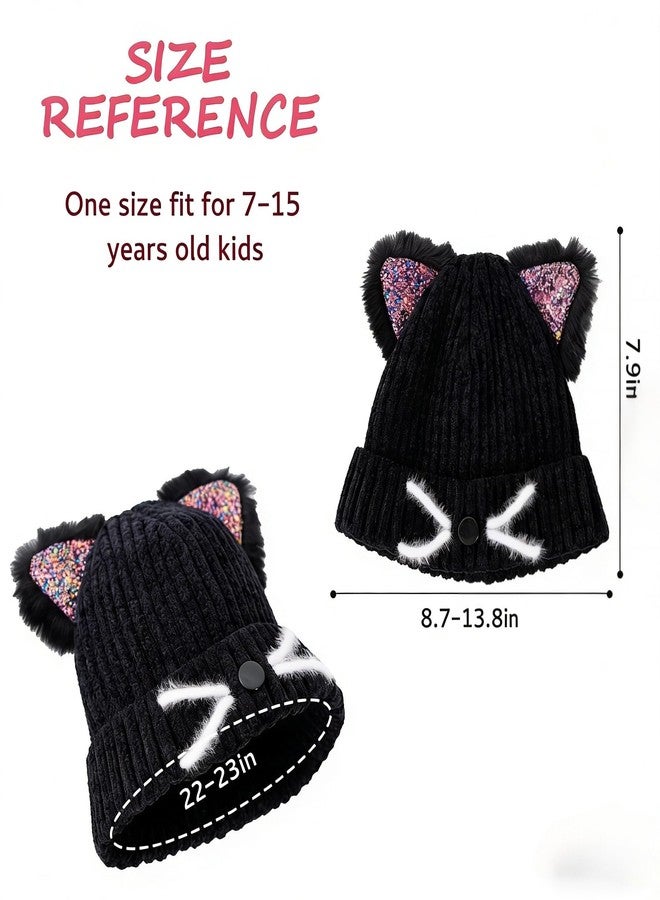 cnomg Girls Sequin Cat Ears Hats Cute Winter Knitted Beanie with Cat Ears for Boys Girls Ages 7-15 Black - Image 2