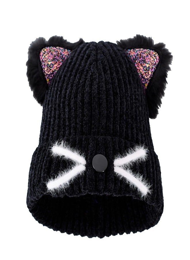 cnomg Girls Sequin Cat Ears Hats Cute Winter Knitted Beanie with Cat Ears for Boys Girls Ages 7-15 Black - Image 1