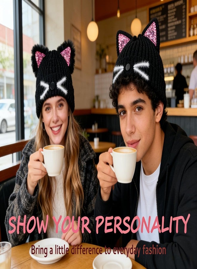 cnomg Girls Sequin Cat Ears Hats Cute Winter Knitted Beanie with Cat Ears for Boys Girls Ages 7-15 Black - Image 5