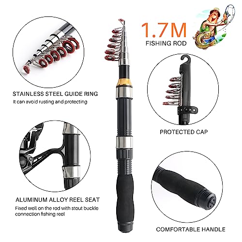 mouhike Telescopic Fishing Rod Reel Full Kit Fishing Line Lures for Beginner All-in-One 1.7M/5.58FT Light-Weight Fishing Rod+Spinning Reel+Line+Lures Set+Carry Bag for Kids Youth Outdoor Travel Bass Trout - Image 3
