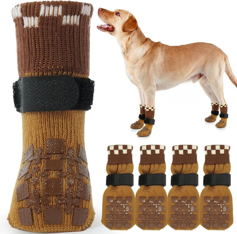 ROZKITCH 2 Pairs Dog Paw Protectors, Gripper Socks for Hardwood Floors Paw Bandage Long Dog Socks Paw Wound Cover with Grips & Adjustable Straps for Corgi, Schnauzer Brown L - Image 1