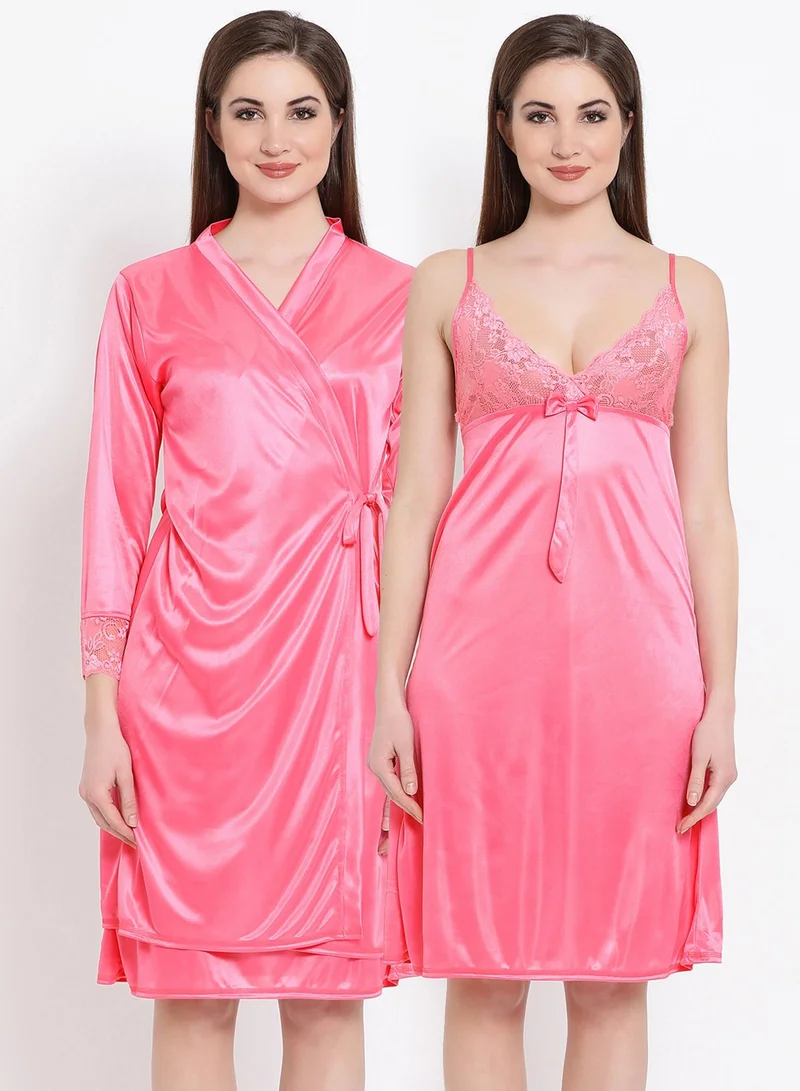 كلوفيا Clovia Short Night Dress and Full Sleeves Robe Set in Pink - Satin