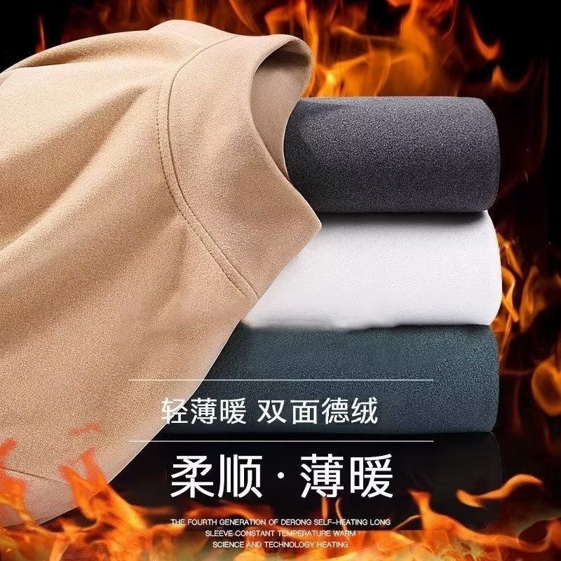 Double-Sided Velvet Semi-High Collar Base Shirt Men'S Spring, Warm Inner Long Sleeve T-Shirt Men - Image 1