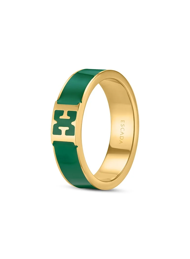 ESCADA Scarlett Gold Plated Ring with Logo Cutout and Green Enamel Detail