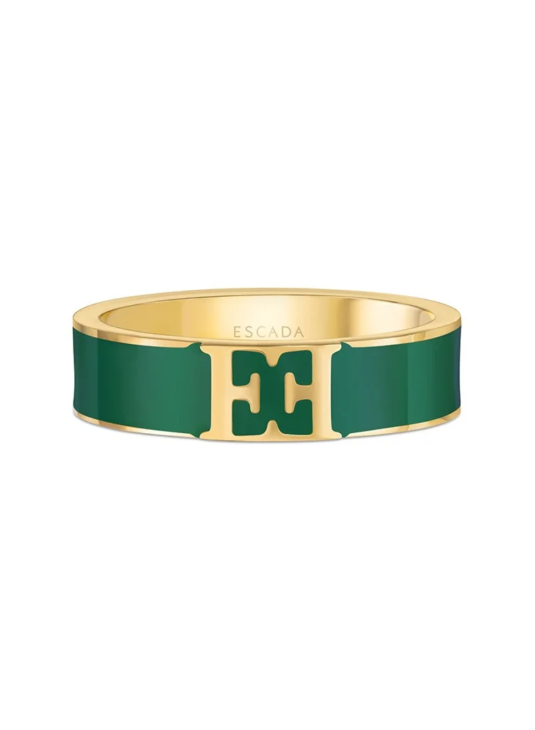 ESCADA Scarlett Gold Plated Ring with Logo Cutout and Green Enamel Detail