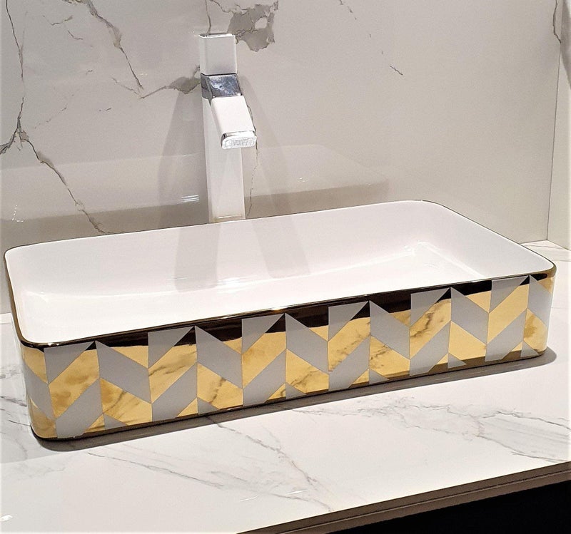 B BACKLINE Backline Ceramic Gold Wash Basins Table Top Art Basin/Countertop Wash Basin Vessel Sink Wash Basin Bathroom Sink For Bathroom 60 x 35 x 11 Cm (Gold White Glossy) - Image 1
