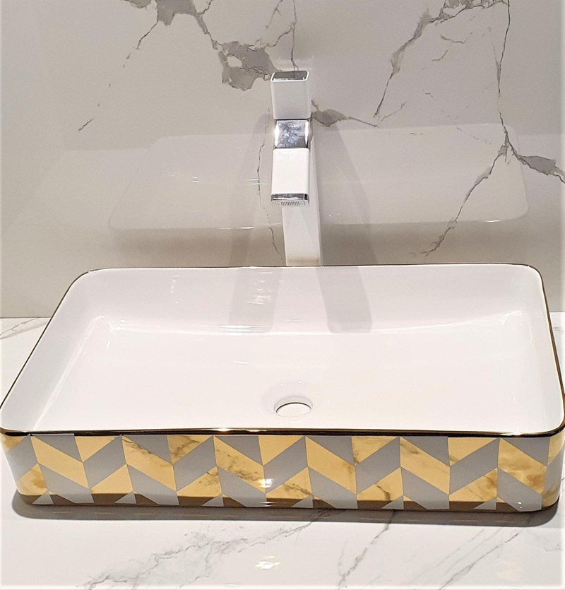 B BACKLINE Backline Ceramic Gold Wash Basins Table Top Art Basin/Countertop Wash Basin Vessel Sink Wash Basin Bathroom Sink For Bathroom 60 x 35 x 11 Cm (Gold White Glossy) - Image 3