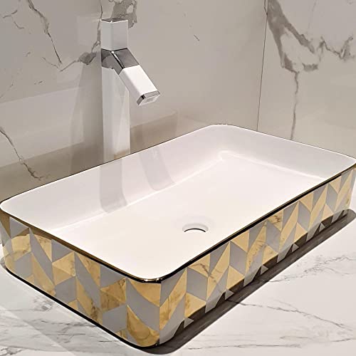 B BACKLINE Backline Ceramic Gold Wash Basins Table Top Art Basin/Countertop Wash Basin Vessel Sink Wash Basin Bathroom Sink For Bathroom 60 x 35 x 11 Cm (Gold White Glossy) - Image 2
